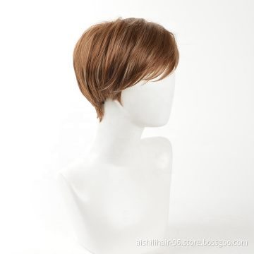 Wholesale heat resistant fluffy short brown wig  natural straight and kinky wave Synthetic hair wigs for women